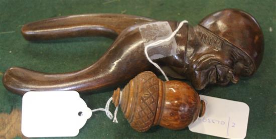 Swiss carved wood figural nutcracker & a treen acorn box